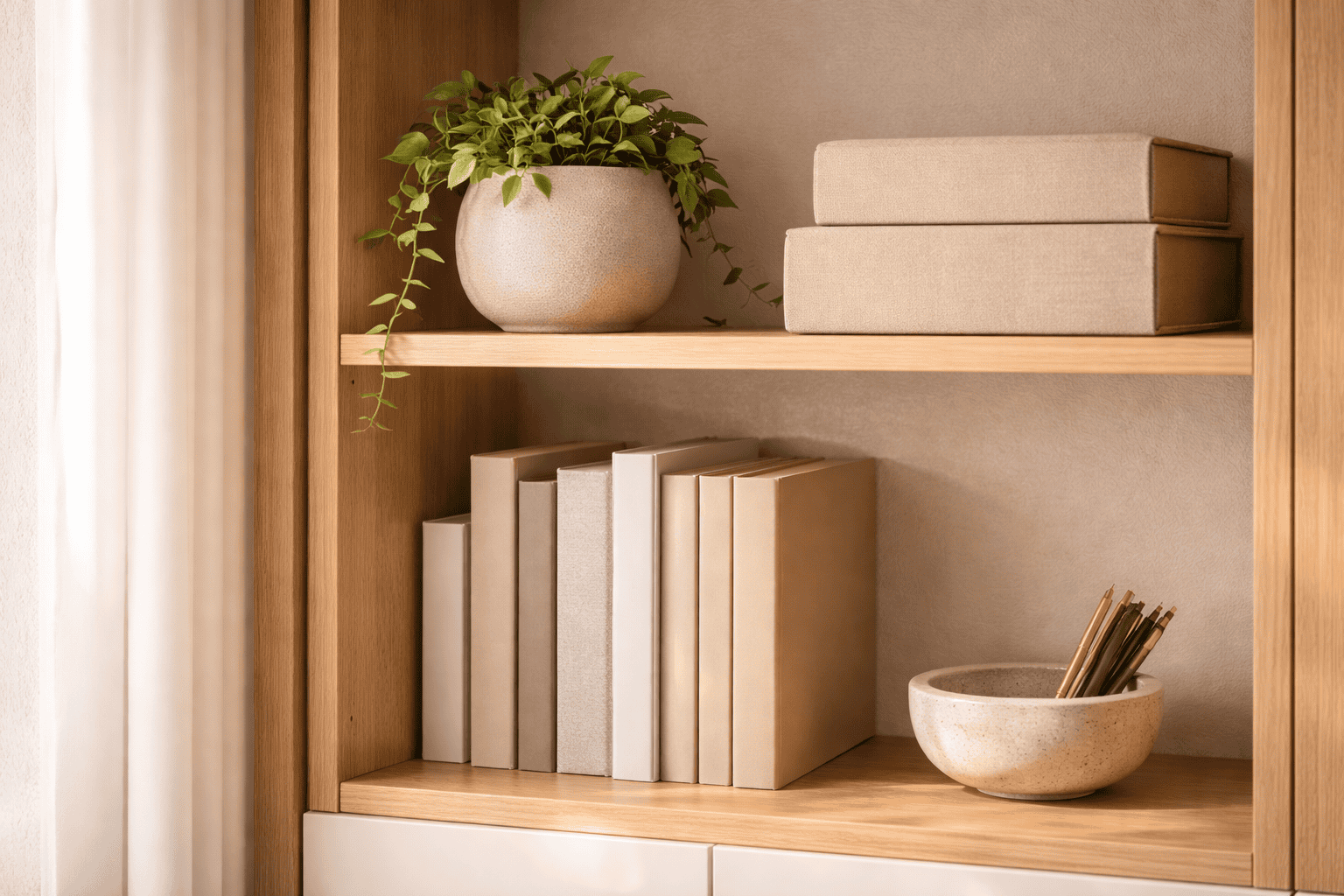 Wooden shelves with a potted green plant, two storage boxes labelled for care plans, several neutral-coloured books, and a stone bowl holding pencils, creating a tidy and minimalist look.