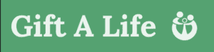 Green banner with the words “Gift A Life” in large white text. To the right, an icon depicts two abstract figures holding a smaller figure, symbolising care—ideal for websites offering digital support to charities and small businesses.