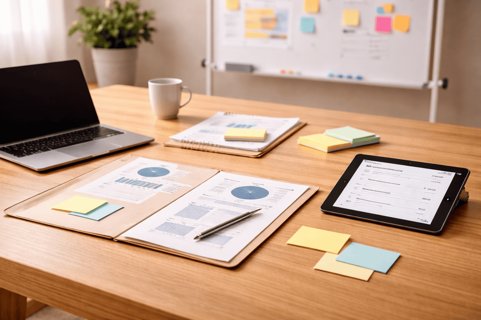 A wooden desk with a laptop, tablet, coffee mug, documents with charts and graphs—ideal for Digital Consultancy & One-Off Support. In the background, a whiteboard displays colourful sticky notes for brainstorming and planning.