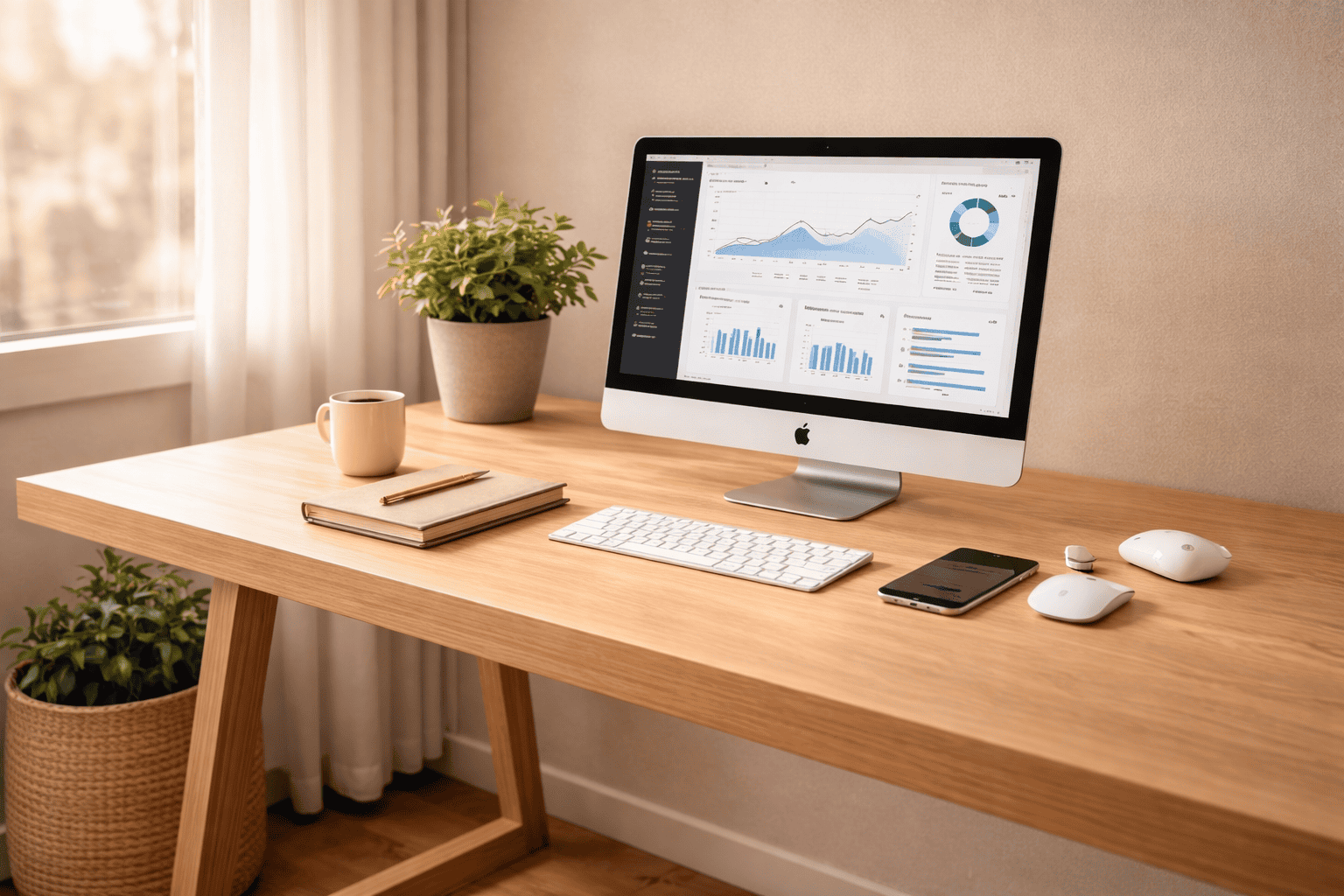 A modern wooden desk with a computer displaying graphs and charts related to SEO & Digital Visibility Services UK, along with a keyboard, mouse, mobile phone, notebook, pen, coffee mug, and two potted plants in a bright room with curtains.