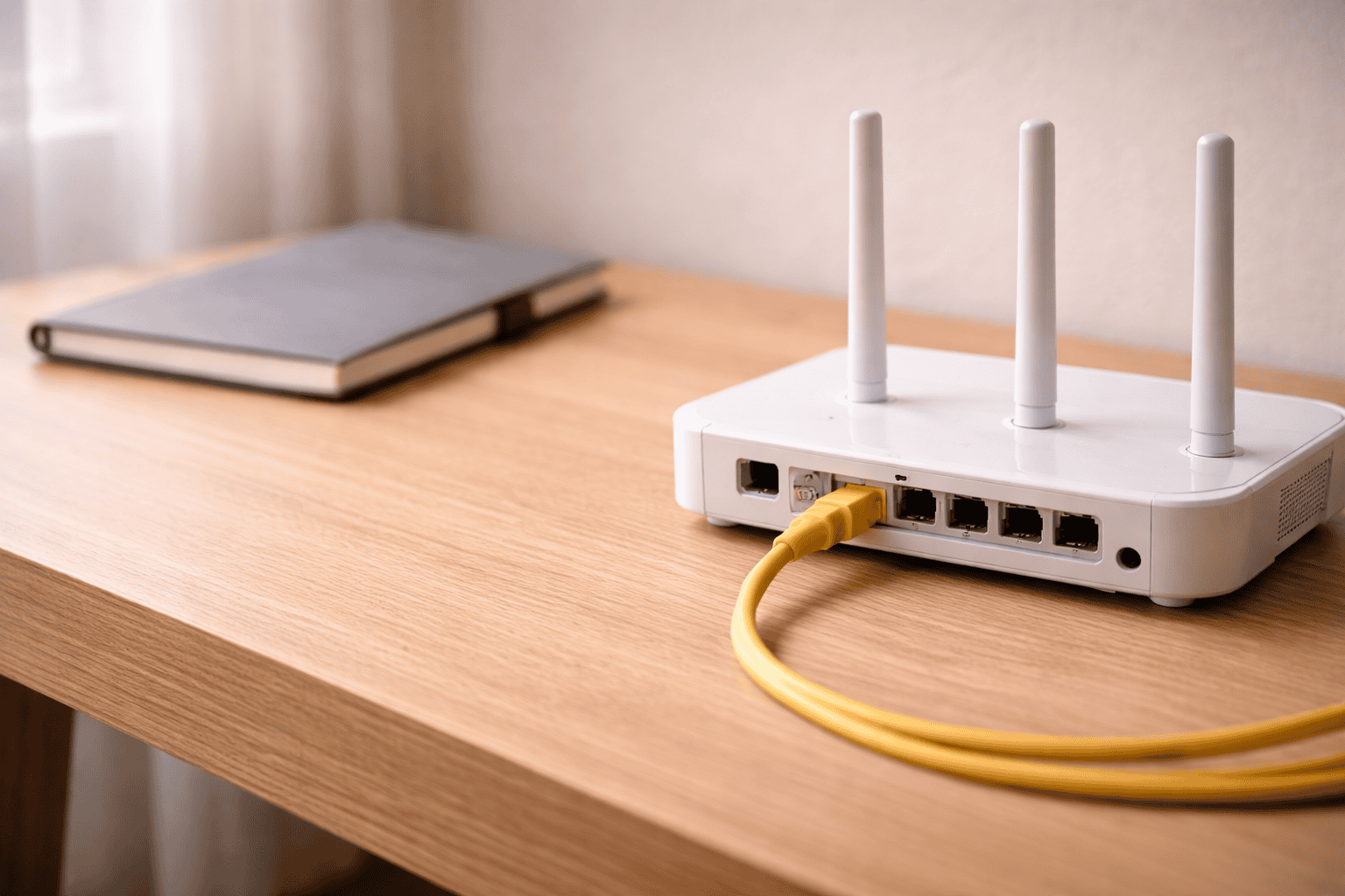 A white Wi-Fi router with three aerials sits on a wooden desk, essential for Domains & Technical Setup. A yellow Ethernet cable is plugged into the back. A closed notebook rests nearby, beside a curtained window.