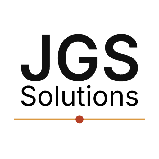 Logo with large black text "JGS" above smaller black text "Solutions." Beneath the text is a horizontal orange line with a filled orange circle at its centre, all on a white background.