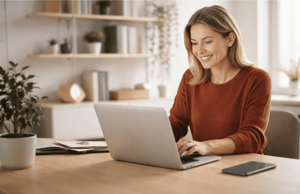 A woman wearing a rust-coloured jumper smiles whilst working on a laptop at a wooden desk, exploring Website Design & Build Services UK, with a mobile phone, papers, and a potted plant nearby in her bright, modern home office.